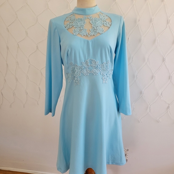 Vintage Light Blue Lace Dress  Medium to Large  70s Skater Dress Women
